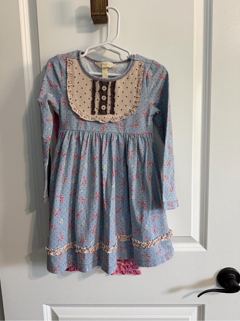 Girls Blue Floral Long-Sleeve Ruffle Dress w/ Leggings